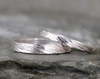 Sterling Silver Wedding Bands  - Silver Bands - Rustic Wedding Bands - Wedding Rings - His and Hers - Bark Hammered Texture