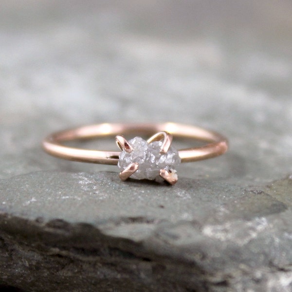 Rough Diamond Ring - 14K Pink Rose Gold Engagement Ring - Uncut Raw Gem Ring - Stacking Ring - April Birthstone - Conflict Free Diamond Ring