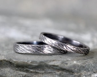 Sterling Silver Wedding Bands  - Oxidized Patina Silver Bands - Rustic Wedding Bands - Wedding Rings - His and Hers - Bark Hammered Texture