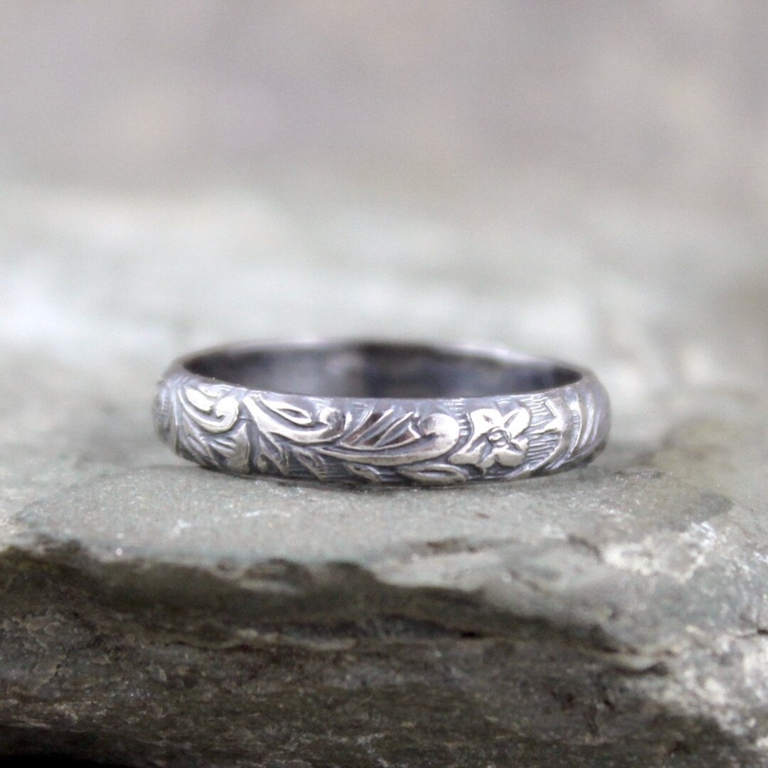 Rustic Floral Pattern Sterling Silver Band Wedding Bands - Etsy