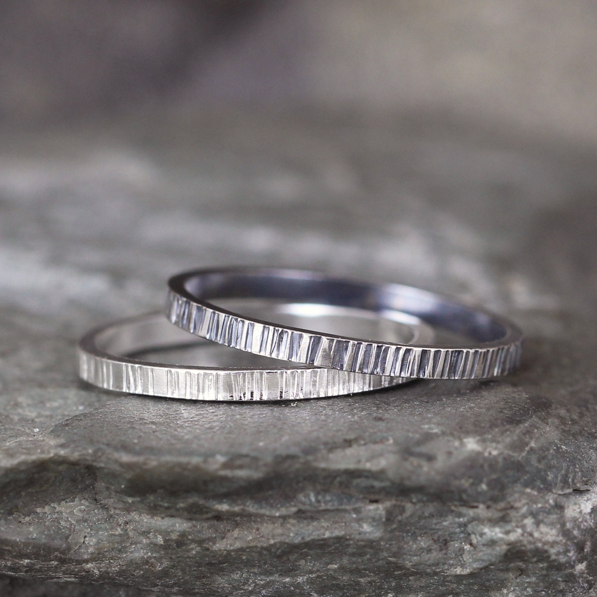Handmade 2mm Solid Sterling Silver Bark Hammered Texture Ring