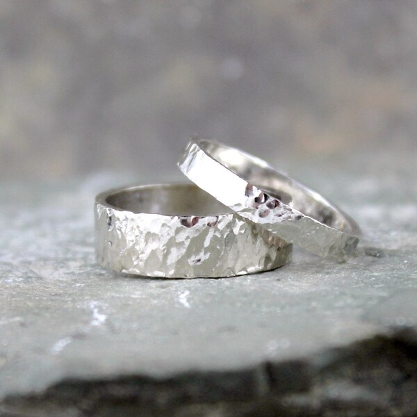 Hammered 14K White Gold Wedding Bands - His and Hers - Hammered Texture Band - Commitment Rings - Matching Wedding Rings - Wedding Band Set