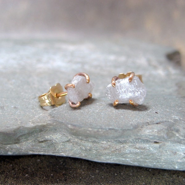 Natural Rough Diamond and 14K Yellow Gold Filled Stud Earrings - Rustic Round Shape - Handmade and Designed by A Second Time