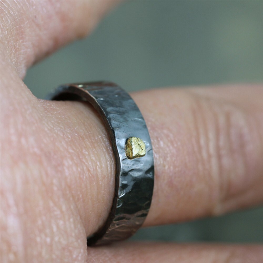 Gold Nugget Wedding Band Natural Gold Nugget Black Etsy