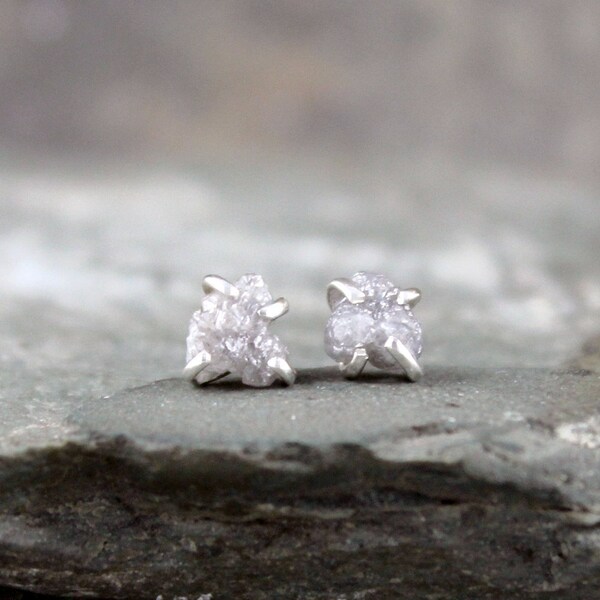 Natural Rough Diamond and Sterling Silver Stud Earrings - Rustic Earring - April Birthstone - Raw Diamond Gemstone Earring - Made in Canada