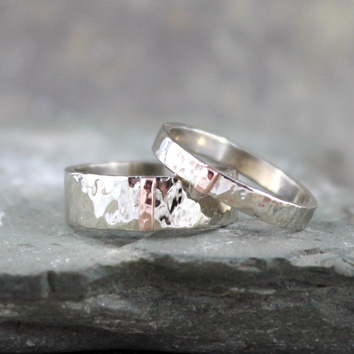 14K White and Pink Gold Wedding Bands Textured Mixed Metal Etsy