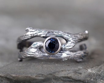 Blue Sapphire Twig Style Engagement Ring and Wedding Band Set - Sterling Silver - Alternative Engagement Ring - Nature - Branch Rings - Tree