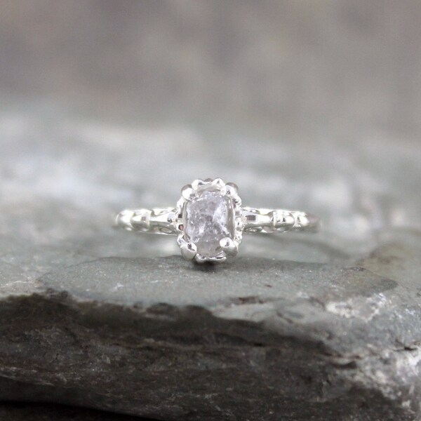 Raw Uncut Rough Diamond Solitaire and 925 Sterling Silver Filigree Ring-Antique Styled Engagement Ring-Gemstone -April Birthstone