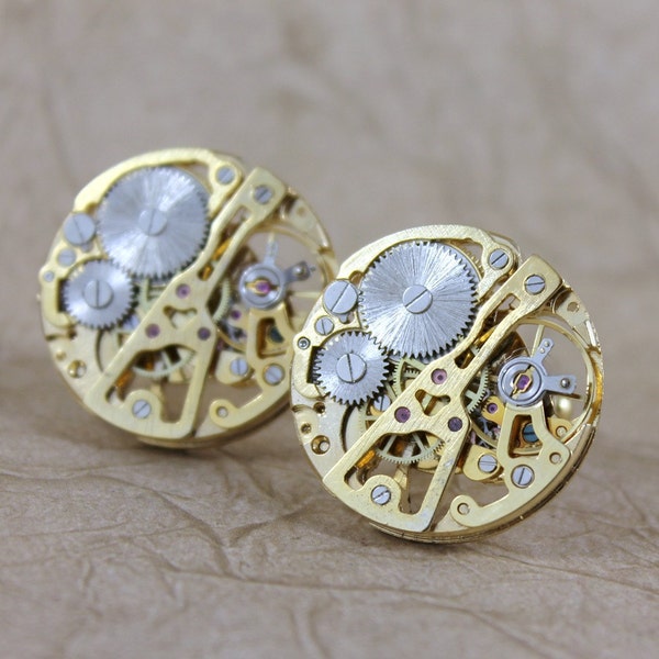 Steampunk Cufflinks - RARE Skeleton Watch Movements - Gold Tone Men's Cufflink - Mens Jewellery