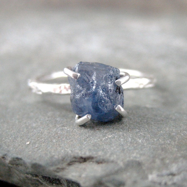 Uncut Raw Rough Blue Sapphire Ring - Sterling Silver Solitaire  -  Artisan Jewellery - Handmade and Designed by A Second Time