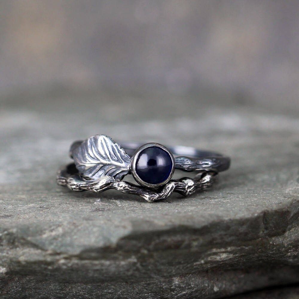 Twig & Leaf Blue Sapphire Engagement Ring Set LIMITED image 0