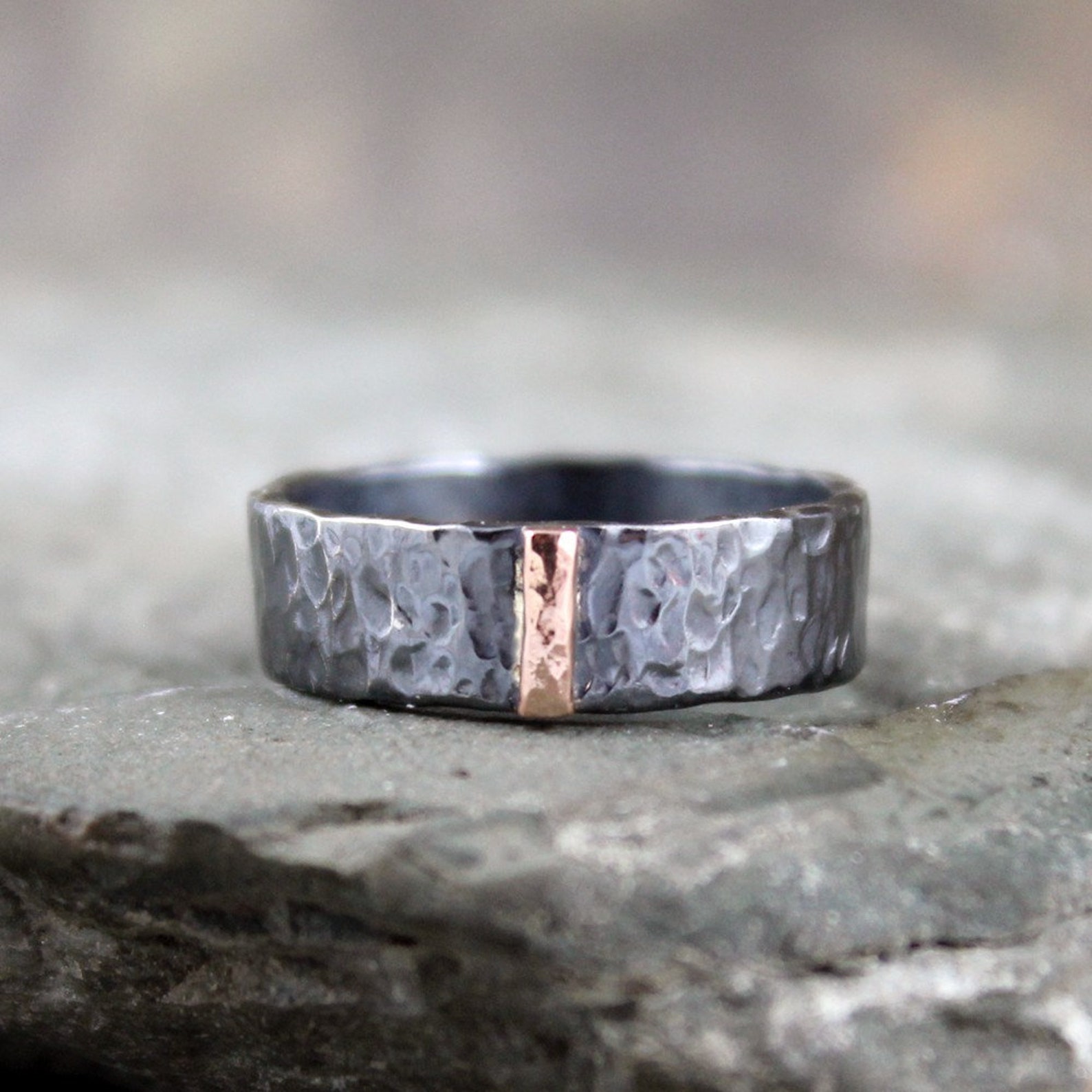 14K Rose Gold and Black Sterling Silver Band Flat Pipe Style - Etsy