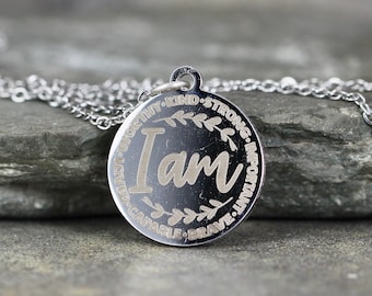 I AM Worthy.Kind.Strong.Important.Brave.Capable.Loved Necklace - Inspirational Sayings - Stainless Steel - Steel Yellow or Rose