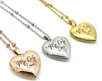 My Only Love - Heart Locket and Necklace - Valentine Anniversary Birthday Gift - Stainless Steel - Steel Yellow or Rose