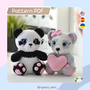 May include: Two handmade crochet stuffed animals: a panda bear and a teddy bear. The panda is black and white with pink accents. The teddy bear is gray and white, holding a pink heart. The text "Pattern PDF" is at the top.