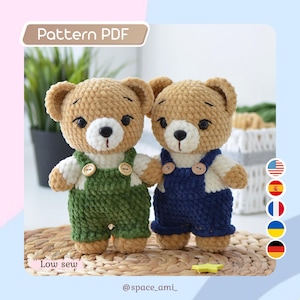 May include: Two crocheted teddy bears, one in green overalls and the other in blue, stand side-by-side. They have tan fur, white undershirts, and black button eyes. The image includes the text "Pattern PDF" and "Low sew".