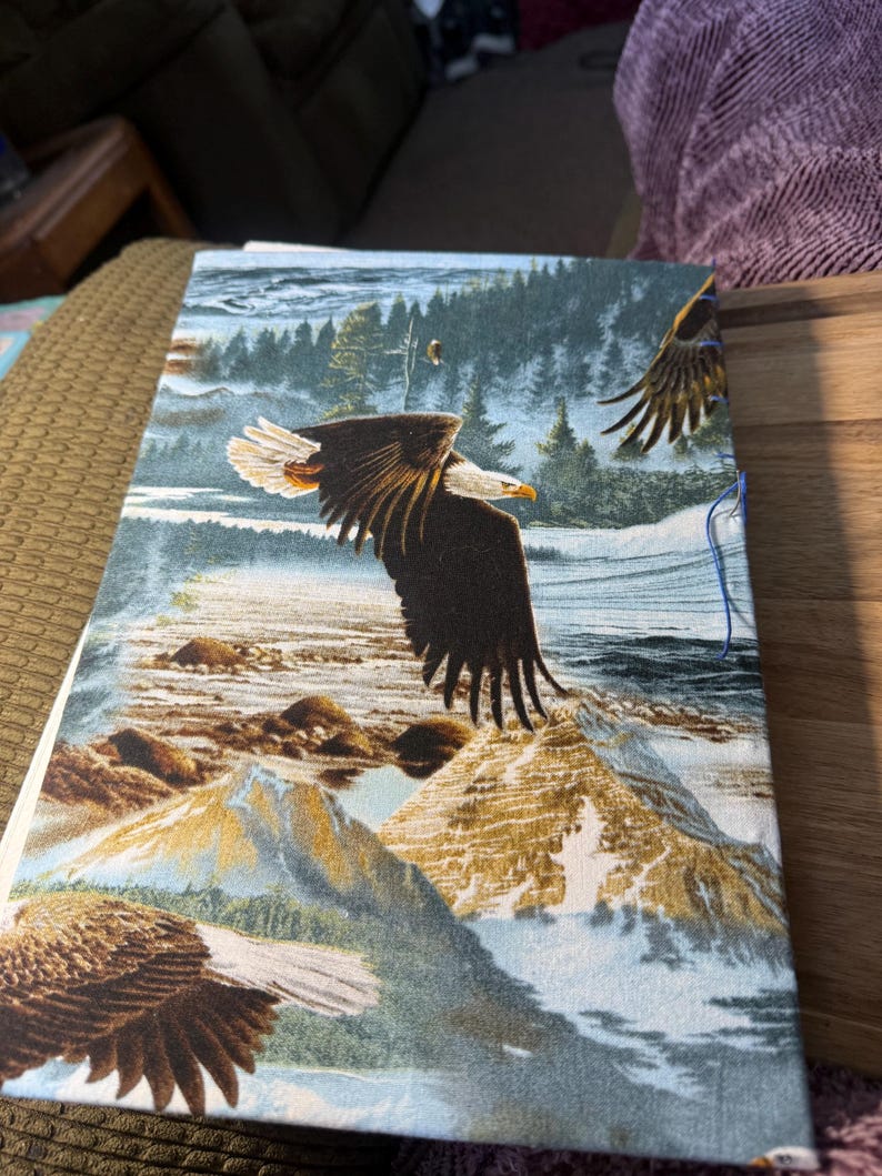 K&ouml;nnte beinhalten: Ein stoffbezogenes Notizbuch mit einer detaillierten Illustration von Wei&szlig;kopfseeadlern, die &uuml;ber einer Berglandschaft fliegen. Das Design umfasst Blau-, Braun- und Wei&szlig;t&ouml;ne und hebt die Fl&uuml;gel der Adler und die Naturlandschaft hervor.