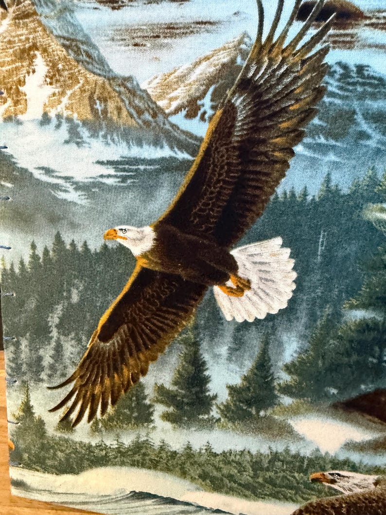 K&ouml;nnte beinhalten: Stoffpaneel mit einem majest&auml;tischen Wei&szlig;kopfseeadler im Flug &uuml;ber einer Bergkette und einem immergr&uuml;nen Wald. Der Adler hat braune und wei&szlig;e Federn, einen gelben Schnabel und einen wei&szlig;en Kopf. Der Hintergrund zeigt schneebedeckte Berge und einen blauen Himmel.