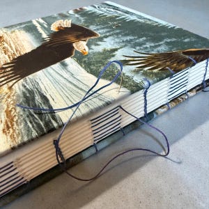 K&ouml;nnte beinhalten: Handgefertigtes Notizbuch mit Stoffeinband mit einem Adlerdesign. Die Seiten sind mit blauem Faden zusammengen&auml;ht, was den Buchbindeprozess zeigt. Das Cover zeigt einen Adler im Flug &uuml;ber einer Berglandschaft, in Braun-, Gr&uuml;n- und Wei&szlig;t&ouml;nen.