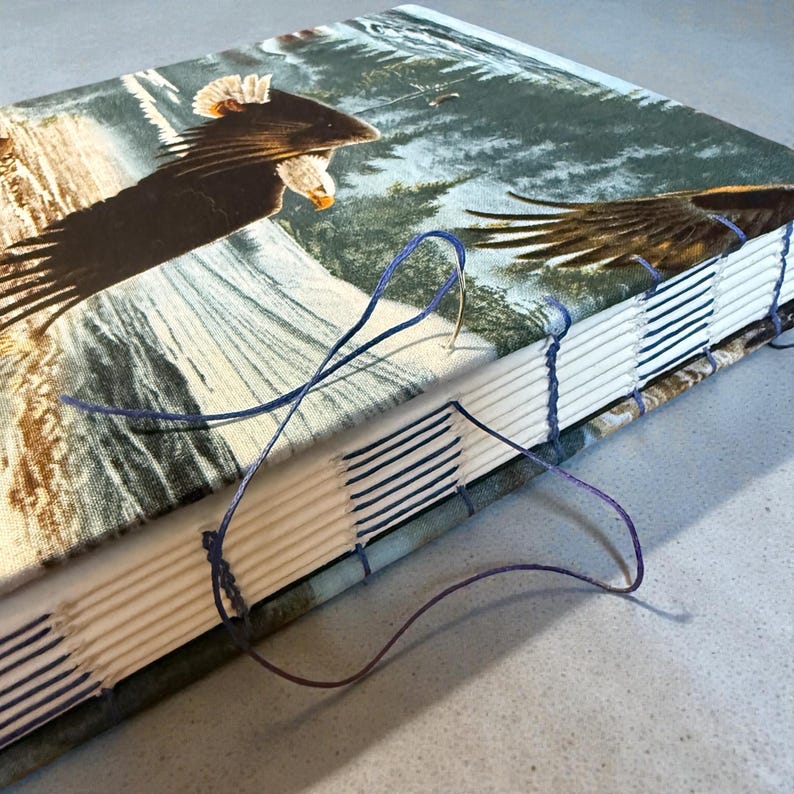 K&ouml;nnte beinhalten: Handgefertigtes Notizbuch mit Stoffeinband mit einem Adlerdesign. Die Seiten sind mit blauem Faden zusammengen&auml;ht, was den Buchbindeprozess zeigt. Das Cover zeigt einen Adler im Flug &uuml;ber einer Berglandschaft, in Braun-, Gr&uuml;n- und Wei&szlig;t&ouml;nen.