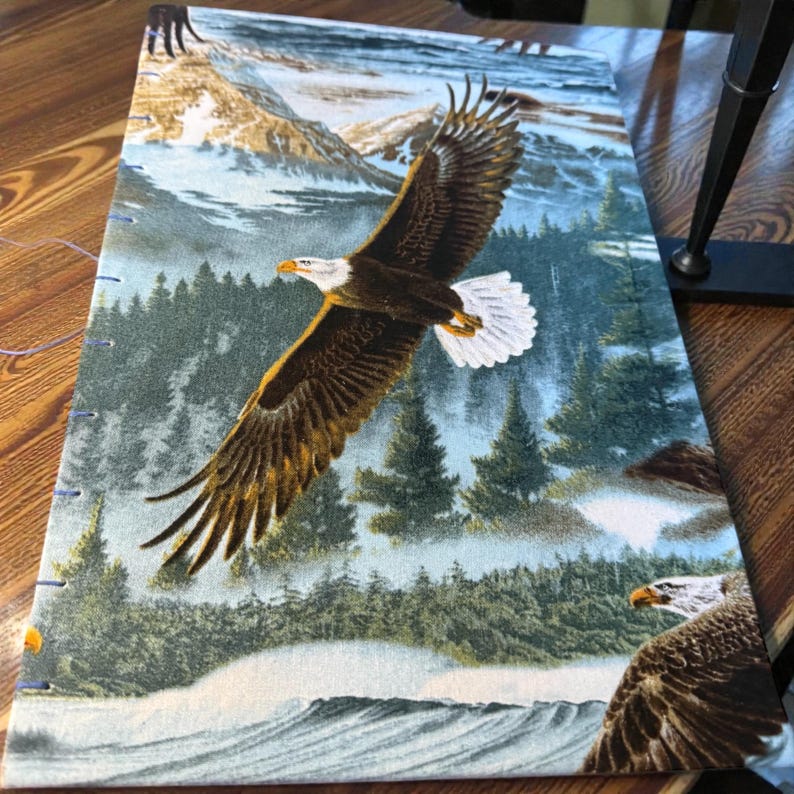 K&ouml;nnte beinhalten: Stoffpaneel mit einem majest&auml;tischen Wei&szlig;kopfseeadler im Flug &uuml;ber einer schneebedeckten Berglandschaft und immergr&uuml;nen B&auml;umen. Der Adler hat braune und wei&szlig;e Federn mit einem gelben Schnabel. Das Panel ist an den R&auml;ndern gen&auml;ht.