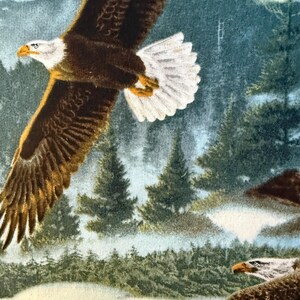 K&ouml;nnte beinhalten: Detaillierte Illustration von zwei Wei&szlig;kopfseeadlern im Flug &uuml;ber einer Wald- und Berglandschaft. Die Adler haben braune und wei&szlig;e Federn mit gelben Schn&auml;beln und Krallen. Der Hintergrund zeigt immergr&uuml;ne B&auml;ume, schneebedeckte Berge und einen blauen Himmel.