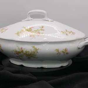 Antique Floral Austrian Porcelain Tureen and Platter Set – Vintage Hand-Painted Floral Serving Dishware Ceramic