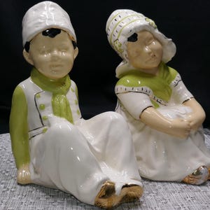 Vintage Ceramic Boy and Girl Figurines – Hand-Painted Collectible Shelf Sitters in Green Attire
