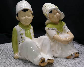 Vintage Ceramic Boy and Girl Figurines – Hand-Painted Collectible Shelf Sitters in Green Attire