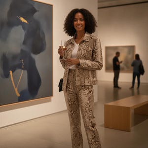 May include: A beige and brown snakeskin print denim jacket and matching trousers worn over a plain white v-neck t-shirt. The outfit features a structured collar, button-down front, and long sleeves, paired with a small black clutch accessory.