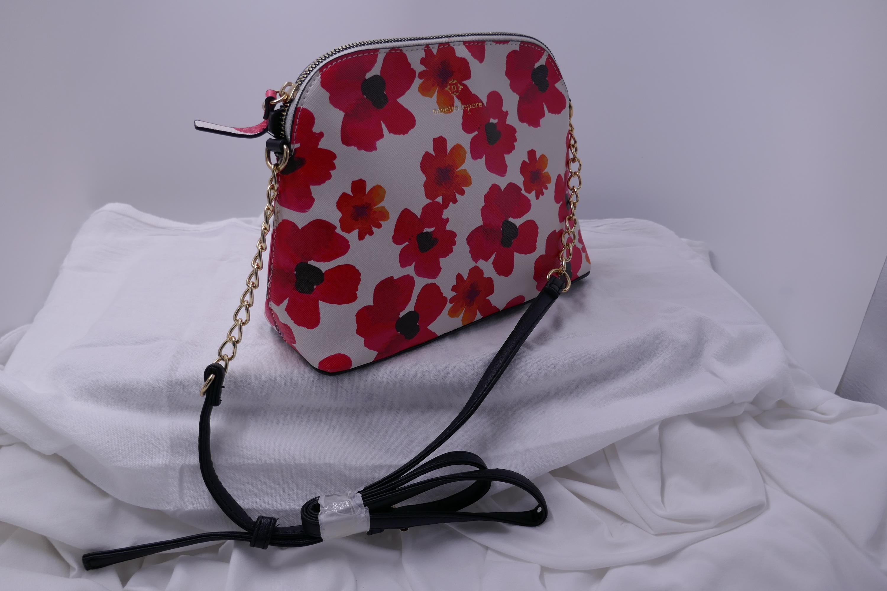 New Nanette Lepore Poppy Floral Tote Shoulder Bag Vegan Leather with Chain Detail