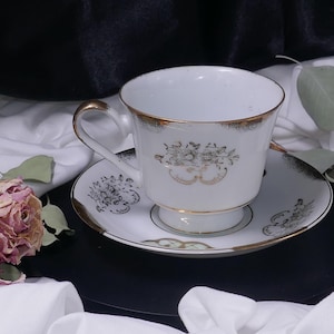 Vintage 1940s Teacup & Saucer Set –  White with Heavy Gold Gilding