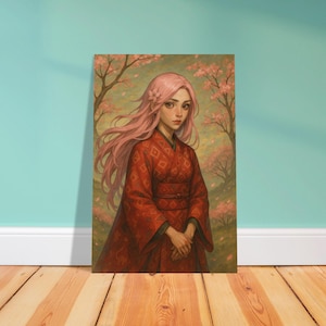 Pink Hair Anime Girl in Red Kimono Print | Japanese Wall Art Gift | Cherry Blossom Wall Decor Poster