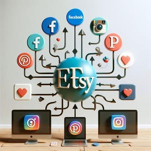 以下が含まれることがあります： 白い文字で「Etsy」と書かれた青い球体のグラフィックイラスト。球体は、Facebook、Instagram、Pinterest、Twitterなど、さまざまなソーシャルメディアアイコンに接続されています。アイコンは、黒い線と矢印で球体に接続されています。