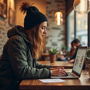 May include: A woman wearing a black beanie with a fluffy pom-pom sits at a table in a cafe, working on a laptop. The laptop screen shows a website with images and text. A potted plant sits on the table next to the laptop.