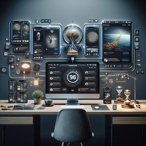 以下が含まれることがあります： 「Connect.X」というテキストと「96」という数字が表示されたデジタルダッシュボードが映し出されたコンピューターモニターがある、モダンなワークスペース。モニターは、時計、砂時計、複数のスマートフォンなど、さまざまなデジタルスクリーンとデバイスに囲まれています。ワークスペースは、鉢植えの植物とコーヒーカップで飾られています。