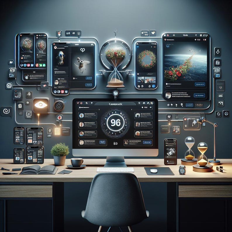 May include: A modern workspace featuring a computer monitor displaying a digital dashboard with the text "Connect.X" and the number "96". The monitor is surrounded by various digital screens and devices, including a clock, an hourglass, and several smartphones. The workspace is decorated with a potted plant and a cup of coffee.