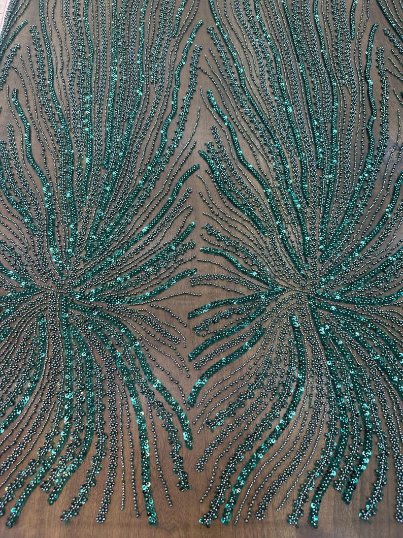 Emerald & Midnight Black Sequined & Embroidered Leaf & Vine Appliqué Mesh Print Fabric