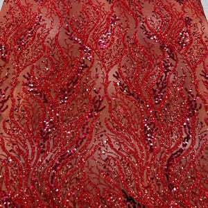 Luxury Red Sequin Embroidered Mesh Fabric Bridal Evening Gowns Couture Design Elegant Floral Motif
