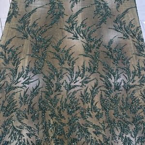 Emerald Green Sequin Beaded Tulle, Green  Lace Fabric, Embroidery Mesh by Yard, Glass Bead Embroidery, Sparkly Leaf Pattern Evening Gowns