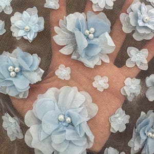 Baby Blue, 3D Floral Lace Fabric, with Pearls, Bridal and Evening Dress Lace