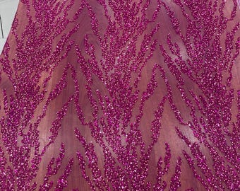 Pink Lace Fabric, Yard Embroidery Beaded, Sequin Applique, Fuchsia Tulle, Evening Dress Fabric, Costume Overlay, Bridal Gown Material
