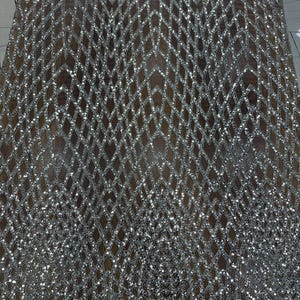 Platinum Beaded, Silver Sequined Lace Fabric, Geometric Design for Gown, Prom Dress, Wedding Dress Fabric by Yard, Dancy Costume Material