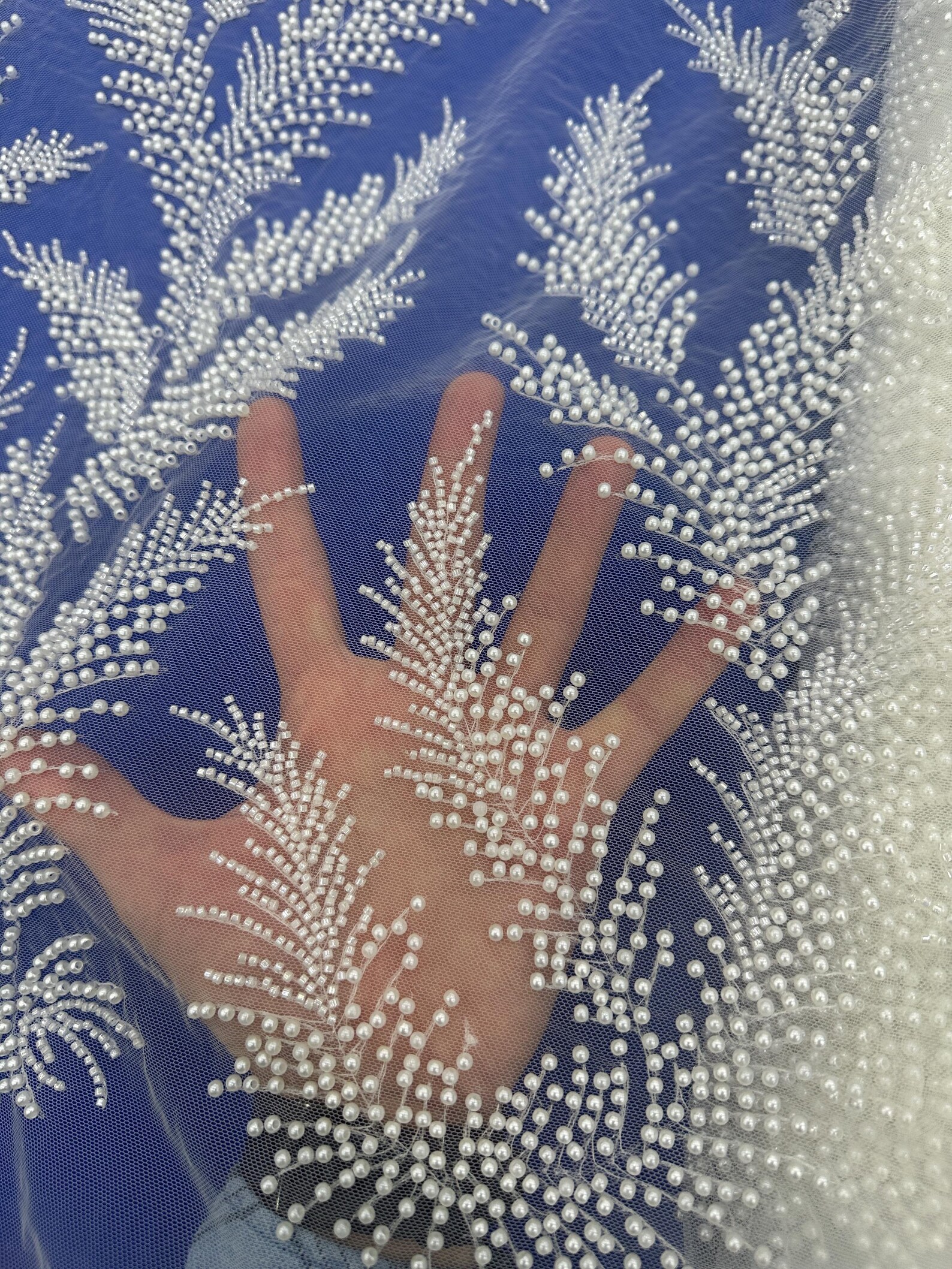 Velvet Lace Fabric with Sequins, Beaded Fern Vines & Floral Embroidery, Scalloped Edge Design