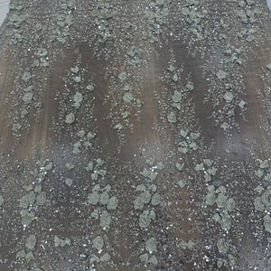 3D Floral Lace Fabric, Elegant Sage Green Lace Fabric, Beads and Sequins on Tulle, Gown Dress Fabric, Prom Dress Material