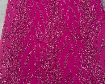 Fuchsia Beaded Lace Fabric, Embroidery Branch Strips Design, for Bridesmaid Dress, Gown Material, DIY Custom Designs, Dark Pink Mesh Trim