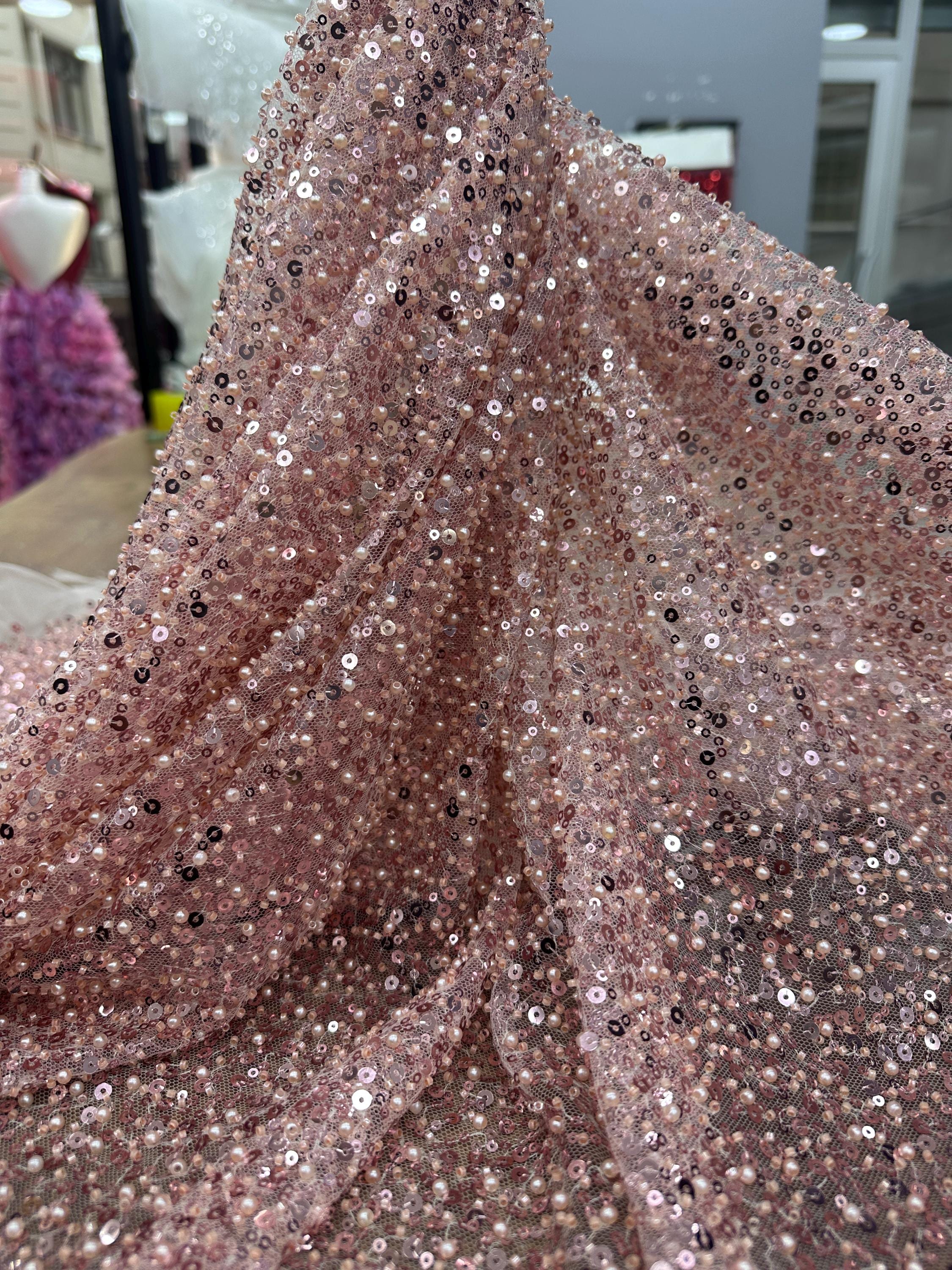 Pink Beaded Embroidery Lace Fabric Soft Blush Tulle Evening Dress Material DIY for Bridesmaid Dress and Accessories
