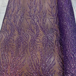 Purple Sequined Lace Fabric, Beaded Mesh Tulle, Branch Pattern, for Prom Dress,  Dancer Costume DIY, Bridal Sewing, Dark Lilac Lace Fabric