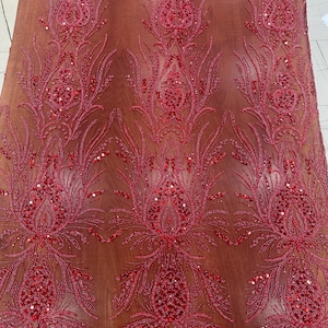 Red Embroidered Tulle Fabric, Luxury Sequin and Beaded, Lace for Wedding Dresses, Evening Gowns, Haute Couture Project, Dance Costume Lace