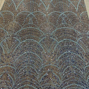 Baby Blue Beaded Embroidery Lace Fabric Blue Soft Tulle Evening Dress Material Multiple Colors Custom Designs